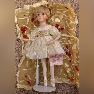 Elegant Porcelain Ballerina Doll with Gold Accents and Stand, NWT